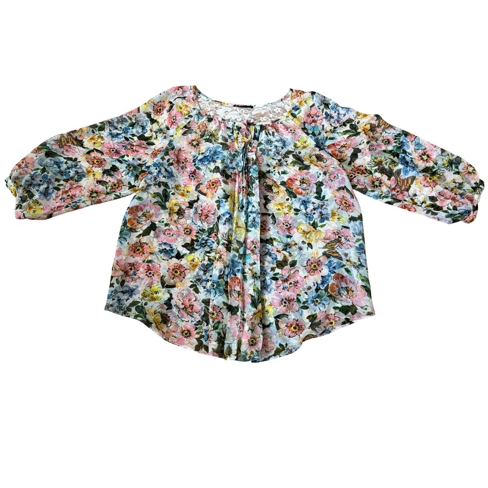Yoke Blouse Sheer Womens Large Floral Lace Butterfly Print Top Multicolor‎